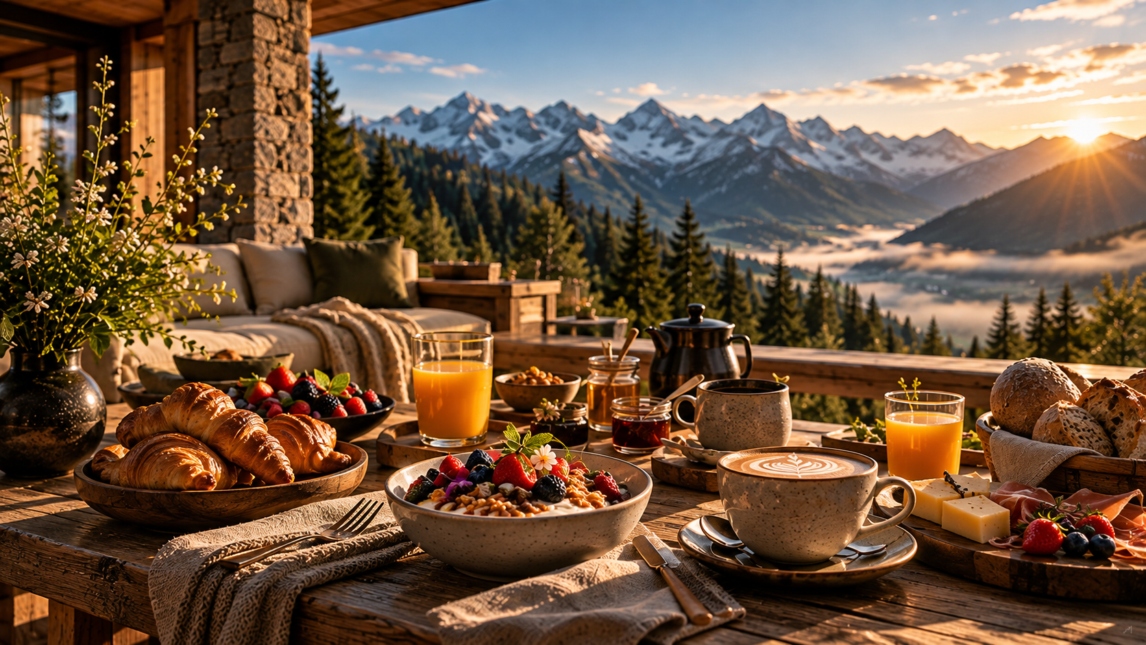 Lounge auf der Sonnenterrasse mit Blick auf die Alpen